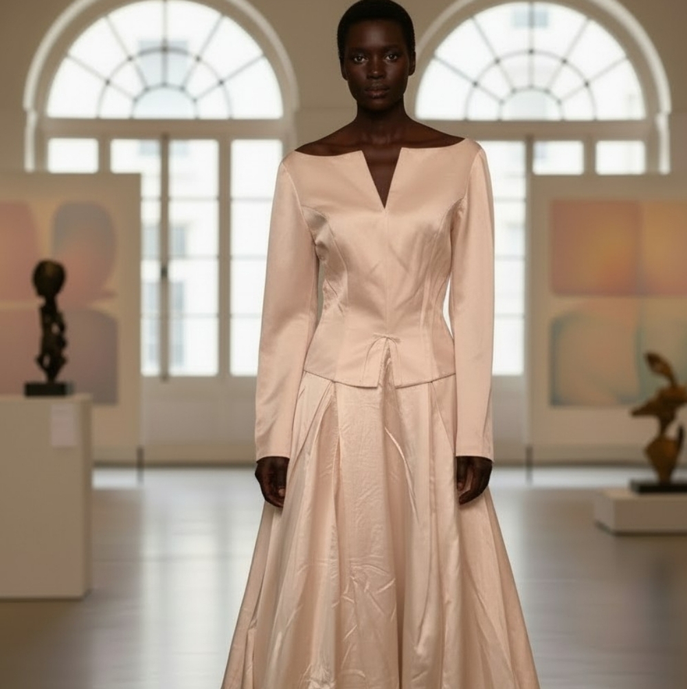 Romona Keveza Cream Long Sleeve Gown
